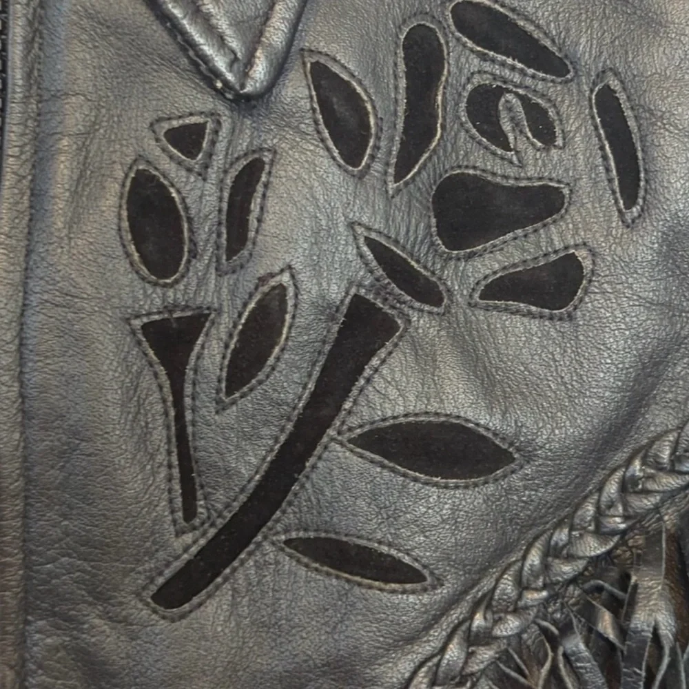 Vintage Leather Jacket  Black Fringe And Roses - Picture 4 of 6